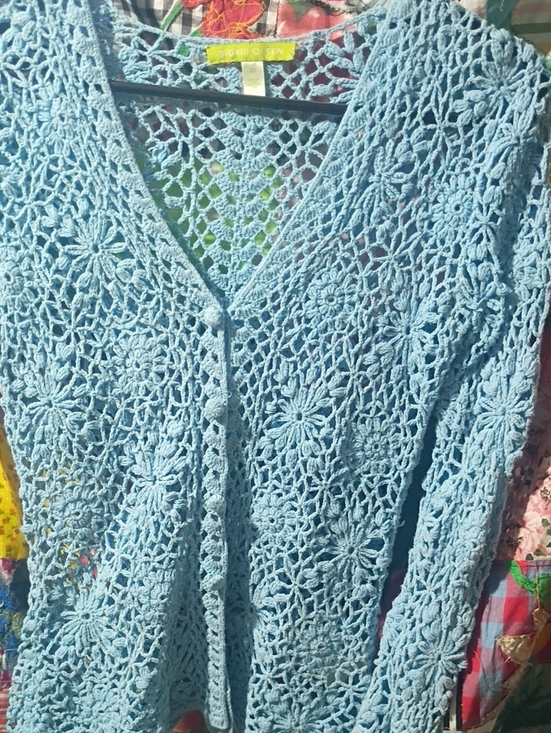 Sigrid Olsen Sweaters - Sigrid Olsen Light Blue Crochet V-Neck Cardigan